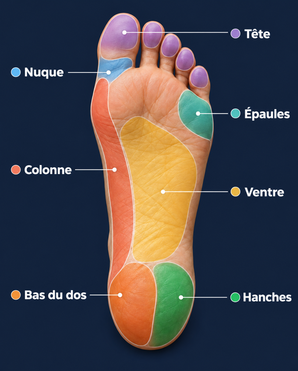 Carte de la plante du pied avec les zones réflexes : tête, nuque, épaules, colonne, ventre, bas du dos, hanches